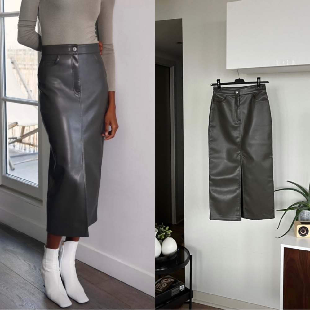 Wilfred Bica Faux Leather Pencil Skirt in Dark Olive Green Sz 0